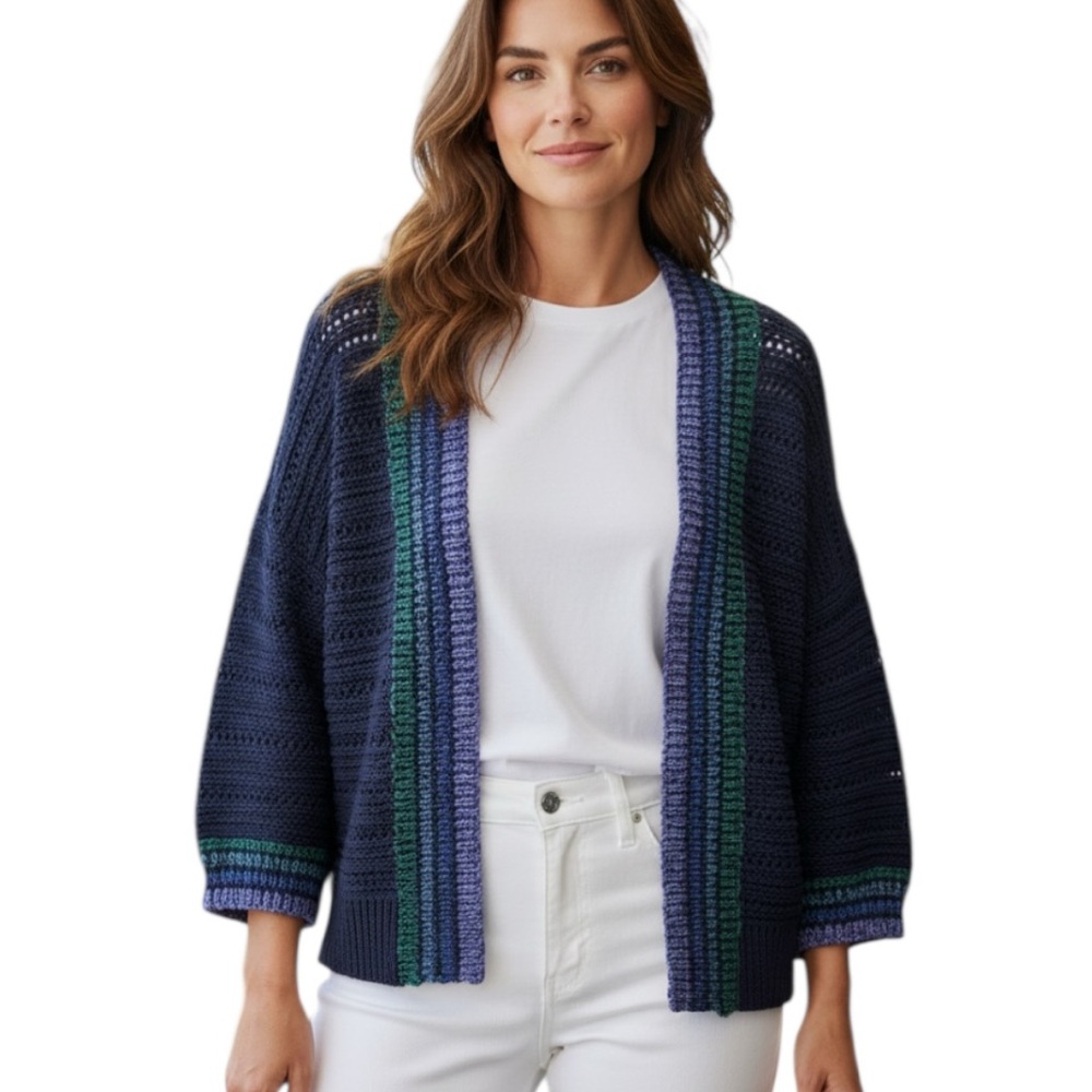 Isaac Mizrahi Live! Open Knit Navy Blue Cardigan Shrug With Stripe Trim XL